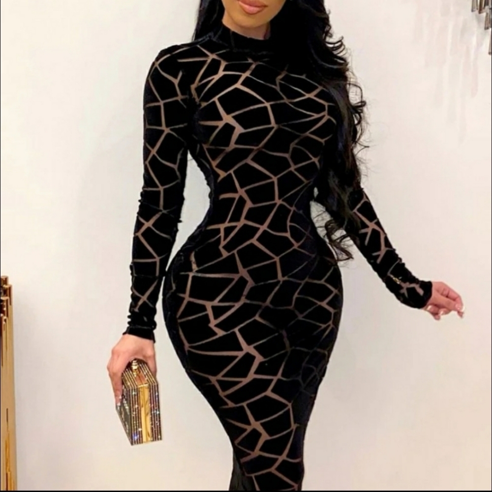 Sexy black mesh printed dress